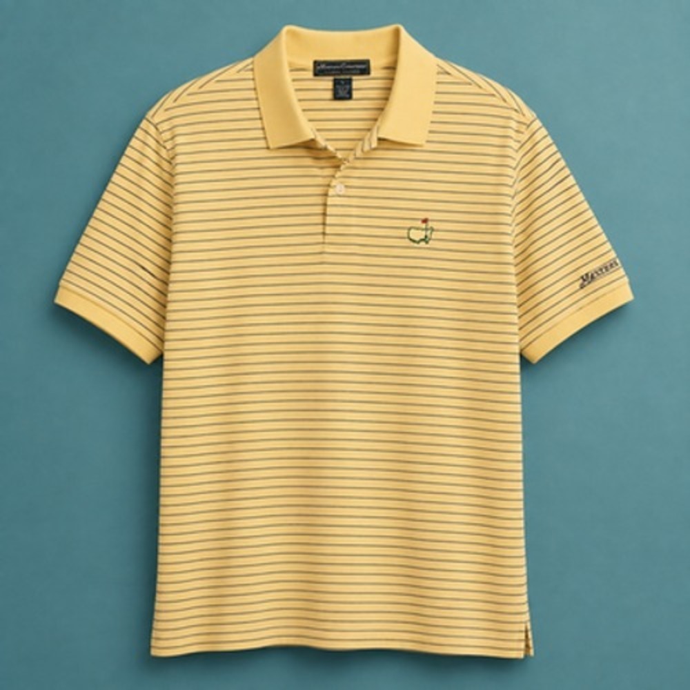 Masters Golf Polo Shirt Mens Large Yellow Stripe Pima Cotton Augusta Logo - Picture 3 of 11